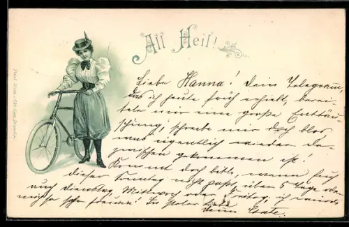 Lithographie Junge Frau mit Hut mit ihrem Fahrrad
