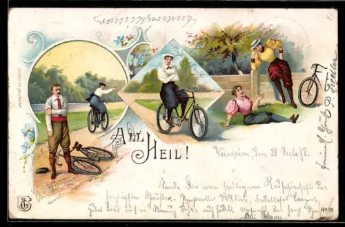 Lithographie All Heil!, Fahrradfahrer nach einem Sturz