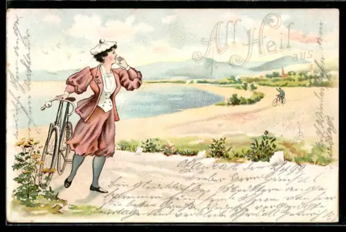 Lithographie Junge Frau mit Fahrrad an der Küste ruft nach ihrem Mann