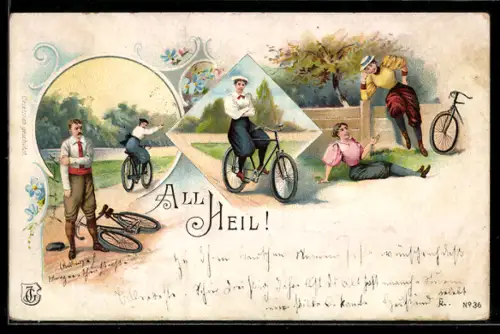 Lithographie All Heil!, Fahrradfahrer nach einem Sturz