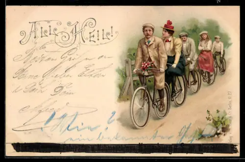 Lithographie Jungen und Mädchen mit den Fahrrädern unterwegs