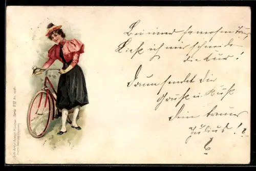 Lithographie Junge Frau mit schwarzem Kleid mit ihrem Fahrrad