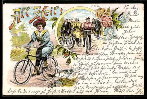 Lithographie Frauen und Männer bei Ausfahrt mit Fahrrad