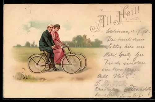 Lithographie Paar bei Ausfahrt mit Fahrrad