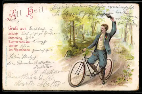 Lithographie Junger Mann mit Fahrrad bei Fahrtpause im Wald