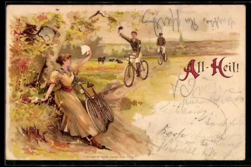 AK Junge Männer auf Fahrrädern begrüssen ihre Freundin im Wald