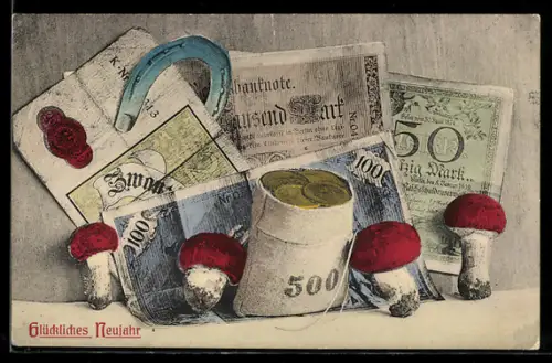 AK Neujahrsgruss, Geld, Pilze & Hufeisen