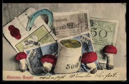 AK Neujahrsgruss, Geld, Pilze & Hufeisen