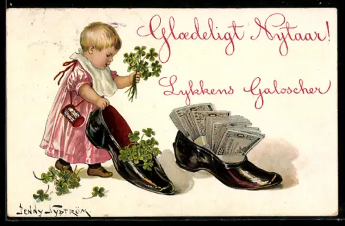 AK Lykkens Galoscher, Kleines Mädchen füllt Schuhe mit Geldscheinen u. Glücksklee, Neujahrsgruss