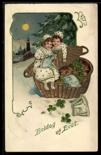 AK Kleines Paar mit Geldkorb in Winteridylle, Neujahrsgruss