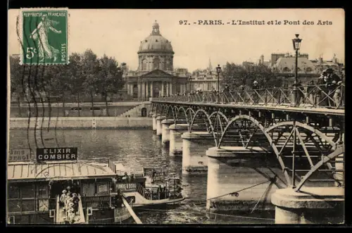 AK Paris, L`Institut et le Pont des Arts avec bateau sur la Seine