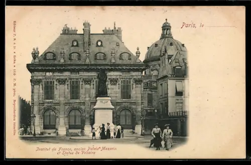 AK Paris, Institut de France, ancien Palais Mazarin et Statue de Voltaire