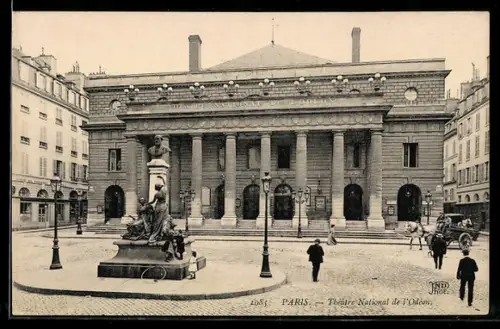 AK Paris, Théâtre National de l`Odéon et statue sur la place animée
