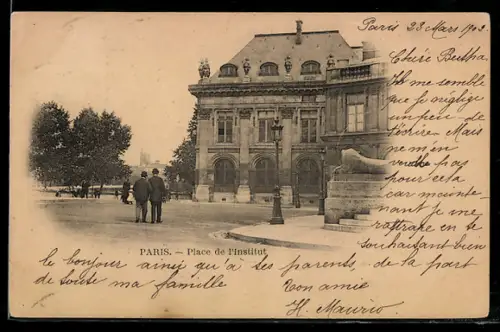 AK Paris, Place de l`Institut avec passants et bâtiments historiques