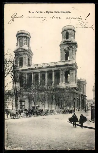 AK Paris, Église Saint-Sulpice avec voitures à cheval sur la rue animée