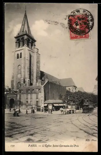 AK Paris, L`Église Saint-Germain-des-Prés et un tramway passant devant