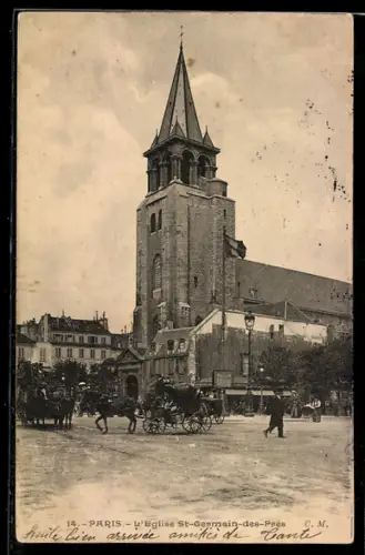 AK Paris, L`église St-Germain-des-Prés et scène de rue animée