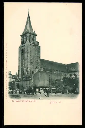 AK Paris, Église Saint-Germain-des-Prés et rue animée