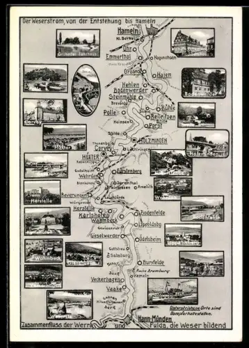 AK Hann. Münden, Zusammenfluss von Werra und Fulda, Weserstrom mit Ansichten bis Hameln
