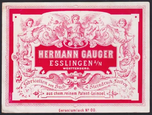 Vertreterkarte Esslingen a. N., Hermann Gauger, Fabrikation von Buch- und Steindruck-Farben, Engel im Passepartout