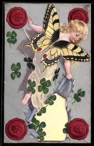 Handzeichnung sign. J. Wunderlich, Mädchen mit Schmetterlingsflügeln, Jugendstil