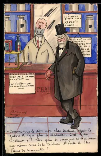 Handzeichnung Alter Herr mit Zylinder in einer Apotheke