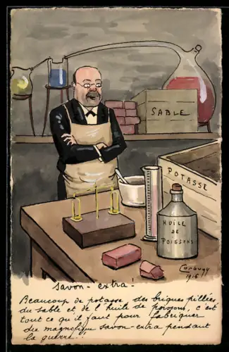 Handzeichnung sign. Lorbugy: Mann mit Schürze in einem Labor