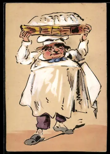 Handzeichnung Koch mit grossem Tablett über dem Kopf