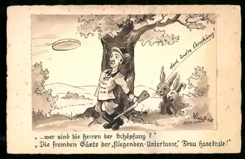 Handzeichnung sign. Eyke Lemm: Jäger steht bei einem Baum und übersieht eine fliegende Untertasse