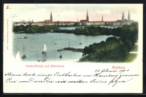 Lithographie Hamburg, Lombardbrücke, Alsterdamm, Stadtansicht