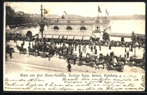 AK Hamburg-Neustadt, Alster-Pavillon, Besitzer Herm. Heinze, Menschen, Kutschen, 1902