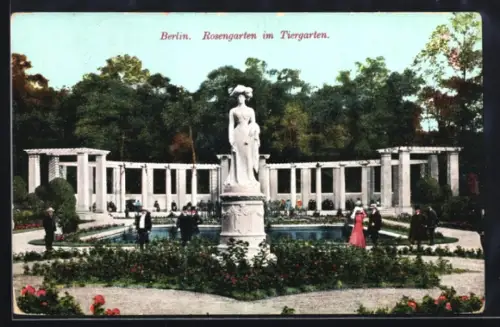 AK Berlin, Rosengarten im Tiergarten, Statue, Säulen, Brunnen