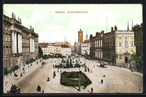 AK Berlin, Schlossplatz, Platzansicht mit Brunnen und umliegenden Gebäuden