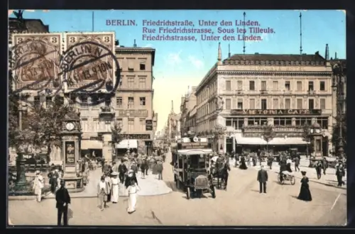 AK Berlin, Friedrichstrasse, Unter den Linden, Victoria Café, Omnibus, Passanten
