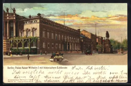 AK Berlin, Palais Kaiser Wilhelm I, historisches Eckfenster, Reiterstandbild