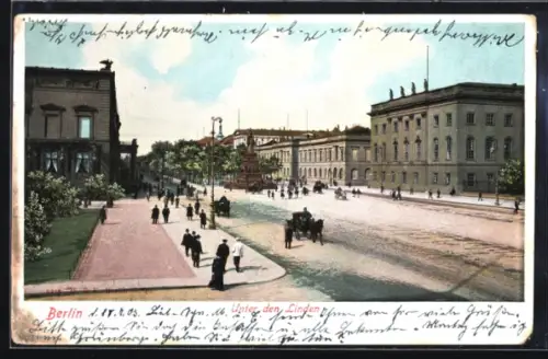 AK Berlin, Unter den Linden, Strassenszene mit Kutschen und Passanten