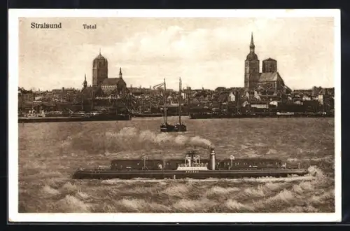 Künstler-AK Stralsund, Totalansicht mit Dampfer