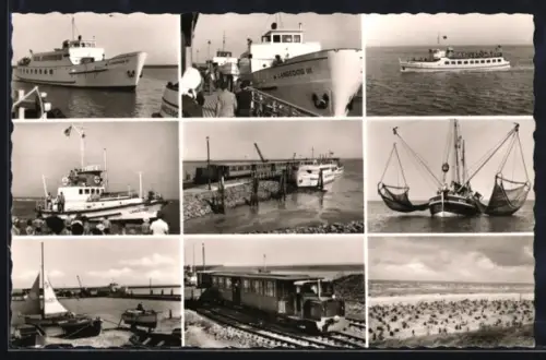 AK Langeoog, Hafen, Schiffe, Inselbahn, Strand