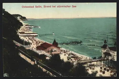 AK Sellin, Strand bei stürmischer See aus der Vogelschau