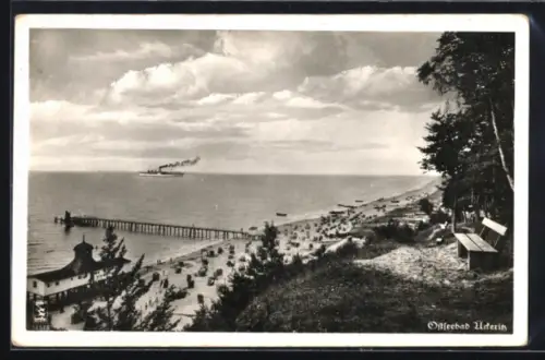 AK Ückeritz, Seebrücke, Strand, Strandkörbe, Dampfer