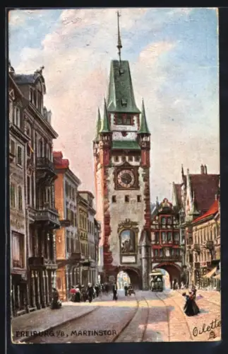 Künstler-AK Freiburg i. B., Martinstor, Strassenpartie