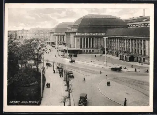 AK Leipzig, Hauptbahnhof mit Strassengbelung aus der Vogelschau