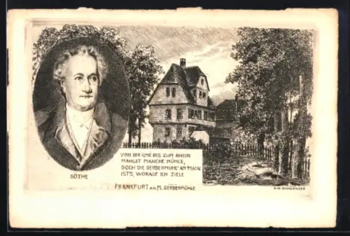 Künstler-AK Frankfurt-Oberrad, Gerbermühle, Porträt Goethe