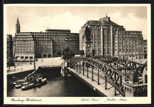AK Hamburg-Kontorhausviertel, Chile-Haus u. Ballin-Haus mit Brücke