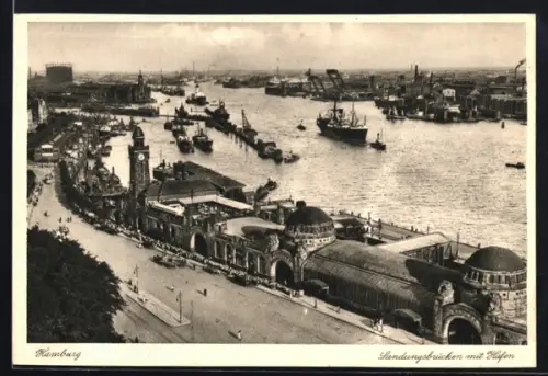 AK Hamburg-St.Pauli, Landungsbrücken mit Hafen