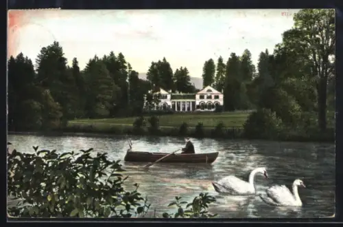 AK Wilhelmsthal, Schloss Wilhelmsthal, Park, Gewässer mit Ruderboot und Schwänen