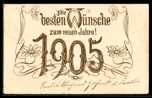 Präge-AK Neujahrsglückwunsch in goldenen Lettern mit Blumen