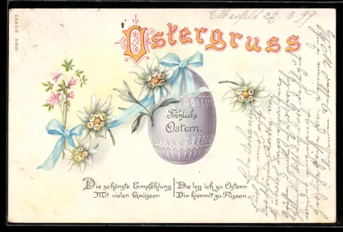 AK Fröhliche Ostern, Grosses Osterei mit blauer Schleife und Edelweiss