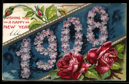 Präge-AK Neujahrsglückwunsch aus Veilchen und mit blühenden Rosen im Passepartout