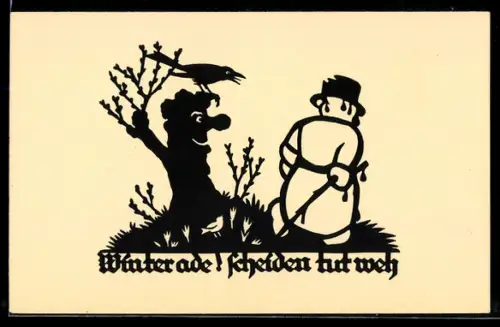 AK Silhouette eines Baumes der einen weggehenden Schneemann hinterher guckt